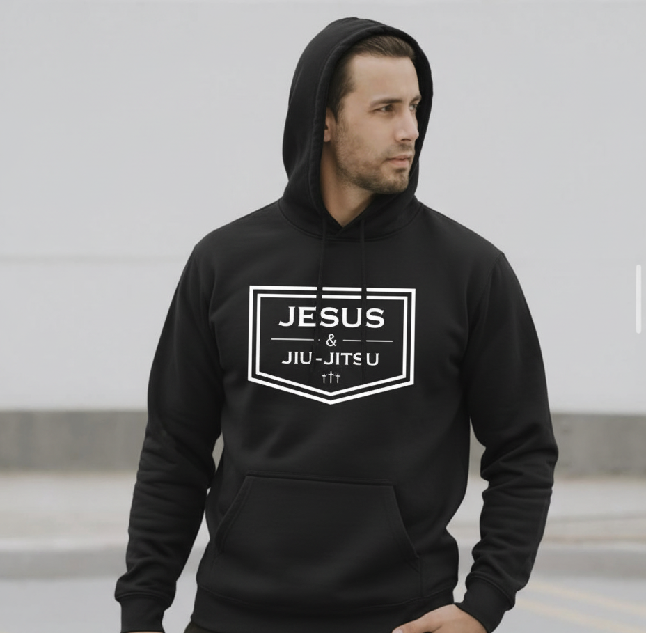 Man wearing black hoodie with JESUS & JIU-JITSU logo