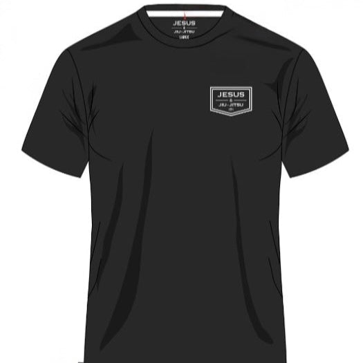 Black t-shirt with 'JESUS & JIU-JITSU' logo on a white background