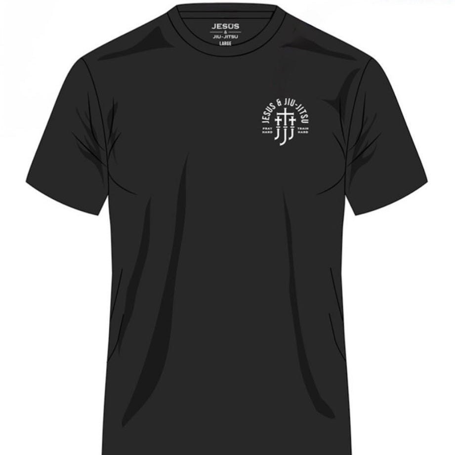 Black t-shirt with white JJJ logo and text on a white background