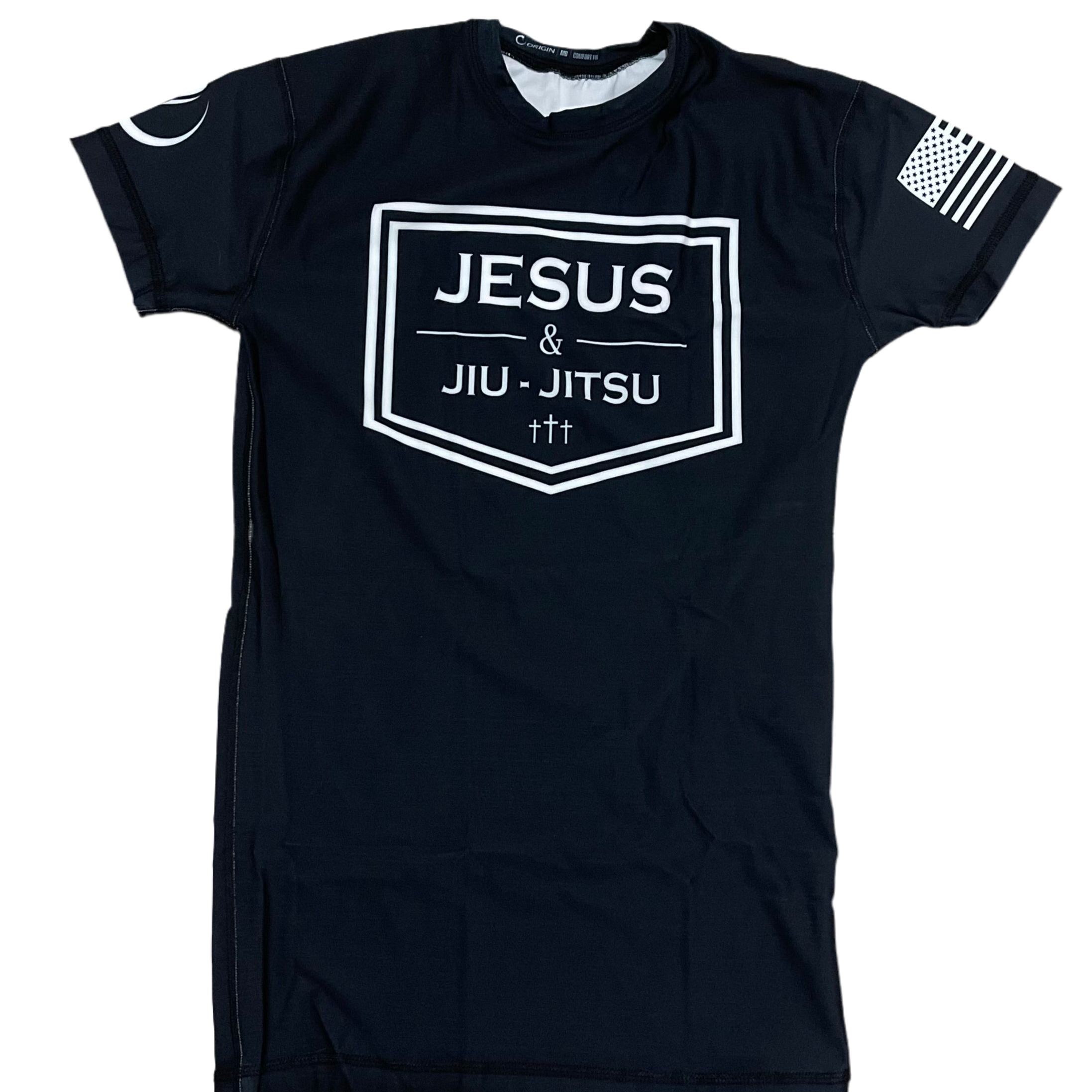 Rashguard with "JESUS & JIU-JITSU" logo 