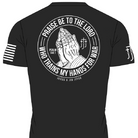 Black rashguard with white graphic design of praying hands and text