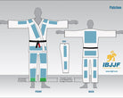Diagram of a BJJ gi with patch placements on front and back, IBJJF logo visible