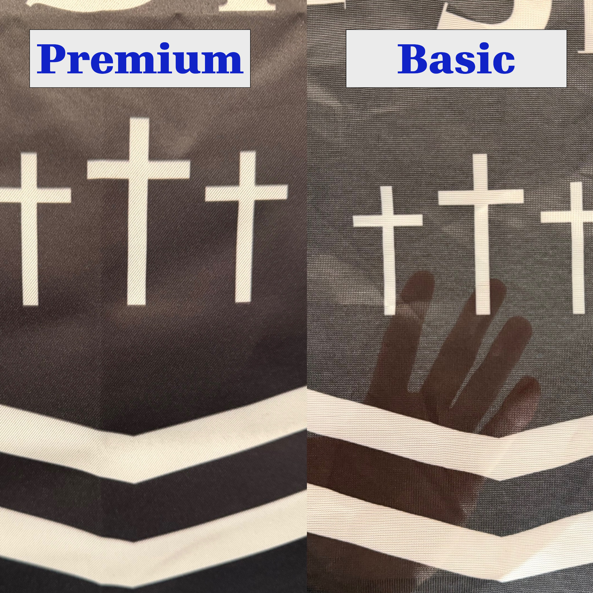 comparison of premium and basic flags showing thicker more opaque fabric on premium flag