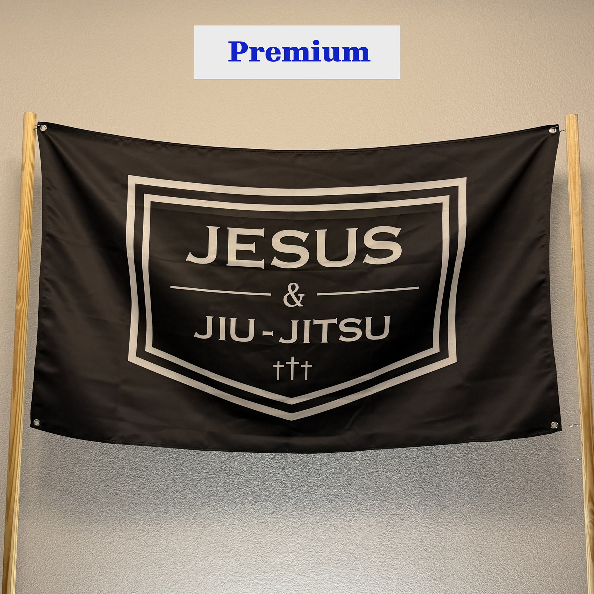 Premium Black Flag with white "JESUS & JIU-JITSU" logo