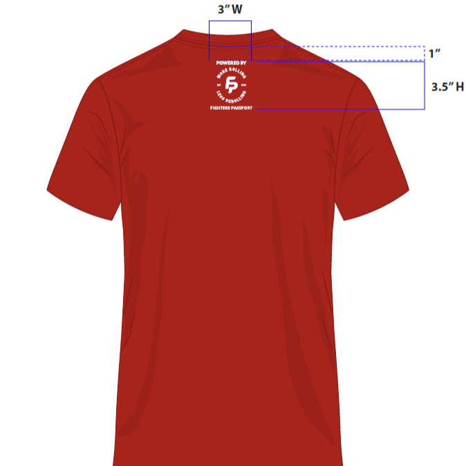 rear view of red shirt with "MORE ROLLING LESS SCROLLING" logo on upper back
