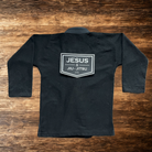 10 in JESUS & JIU-JITSU patch on black gi