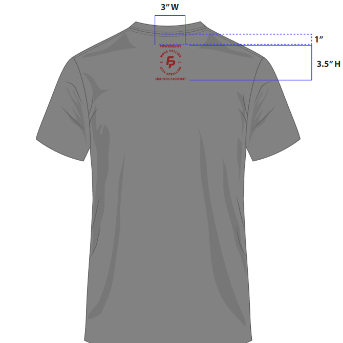 Gray t-shirt with a logo and measurements on the back