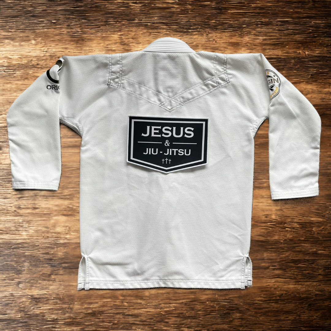 10in JESUS & JIU-JITSU patch on white gi