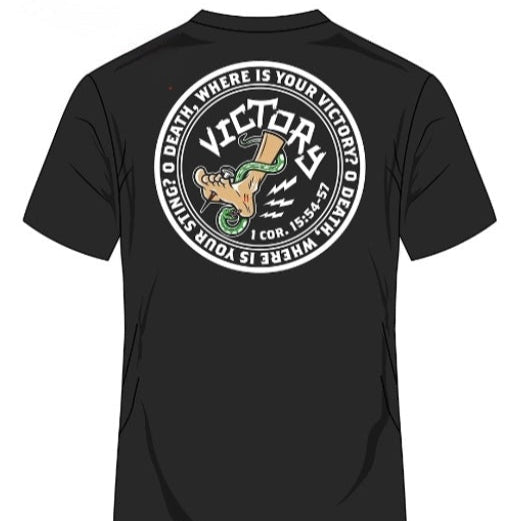 Black tee with VICTORY logo and text